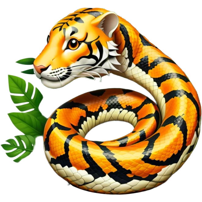 Tiger python coiled up on the ground, blending with the dense jungle foliage. Its distinct orange and black stripes stand out against the vibrant green of leaves and plants. Sunlight filters through the trees, highlighting the snake's patterned scales. Transparent background. emoji