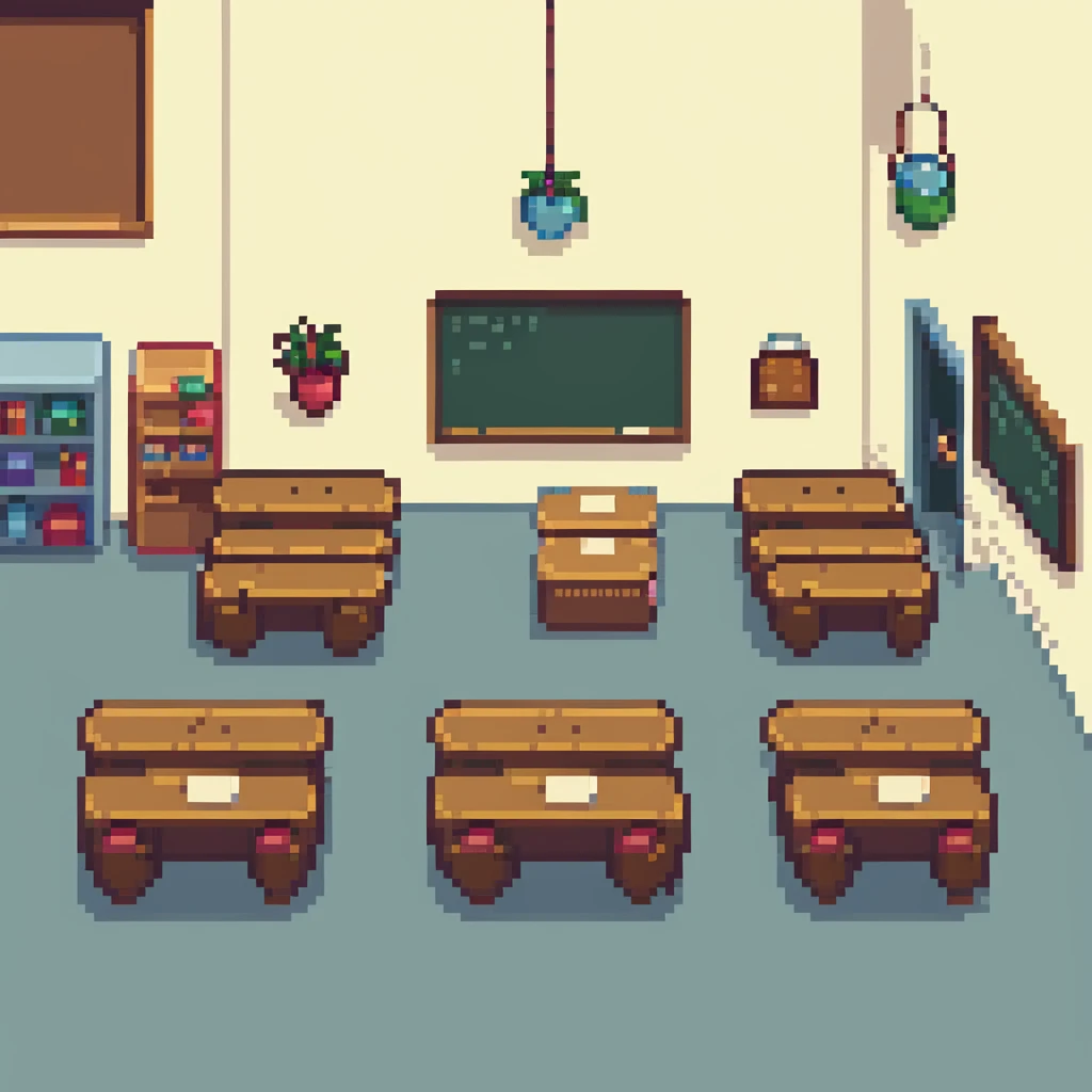 classroom with a group of students interacting in pixel art style emoji