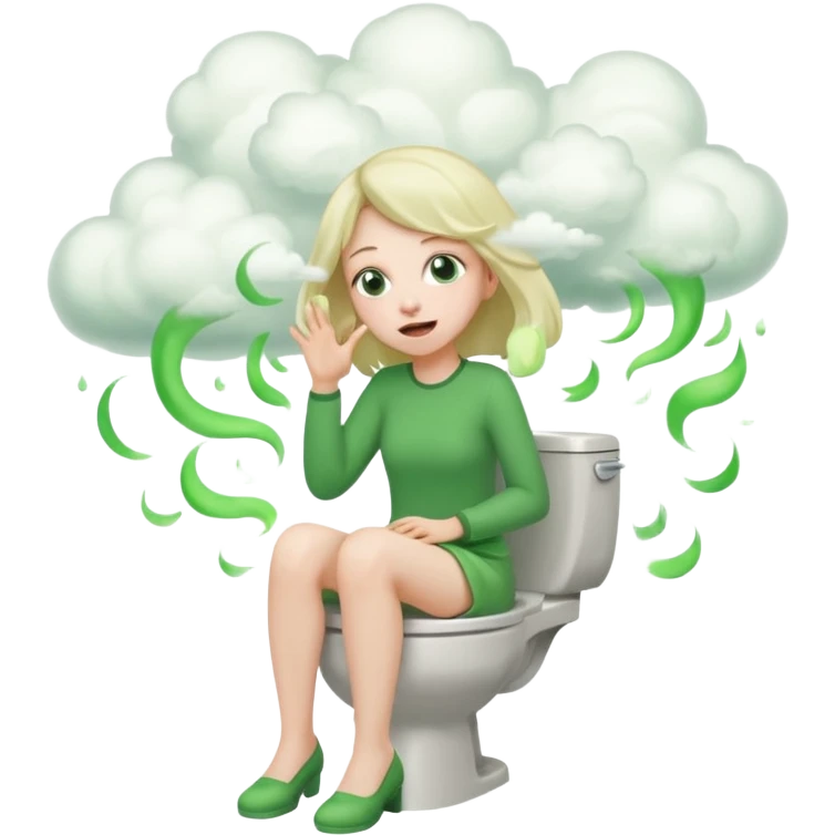 Girl on toilet with green fart clouds around here, she looks relieved emoji