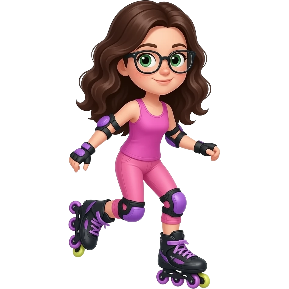 young girl in the style of iphone emoji people, fair skin, green eyes, glasses, freckles,long dark brown wavy hair, pink tank top and pink leggings, rides black and purple roller skates emoji