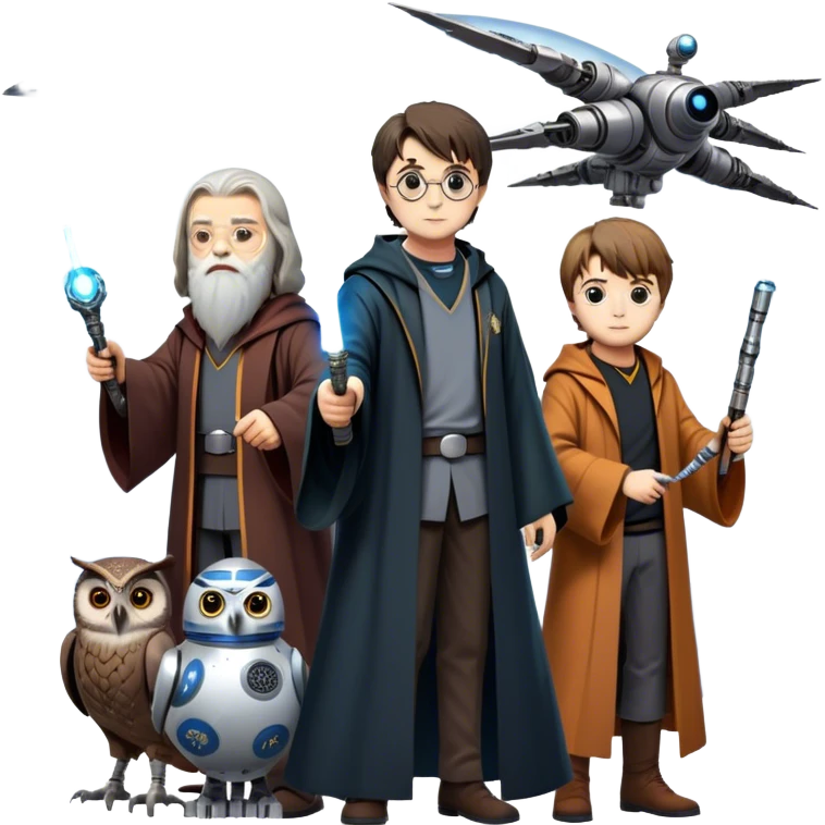 Icon for Fantasy and Sci-Fi Movies: Collage featuring Harry Potter with his wand, Dumbledore, Luke Skywalker with a lightsaber, and futuristic robots. Background with a magical planet, Hogwarts, flying owls, and spaceships. Epic and magical atmosphere. Transparent background. emoji
