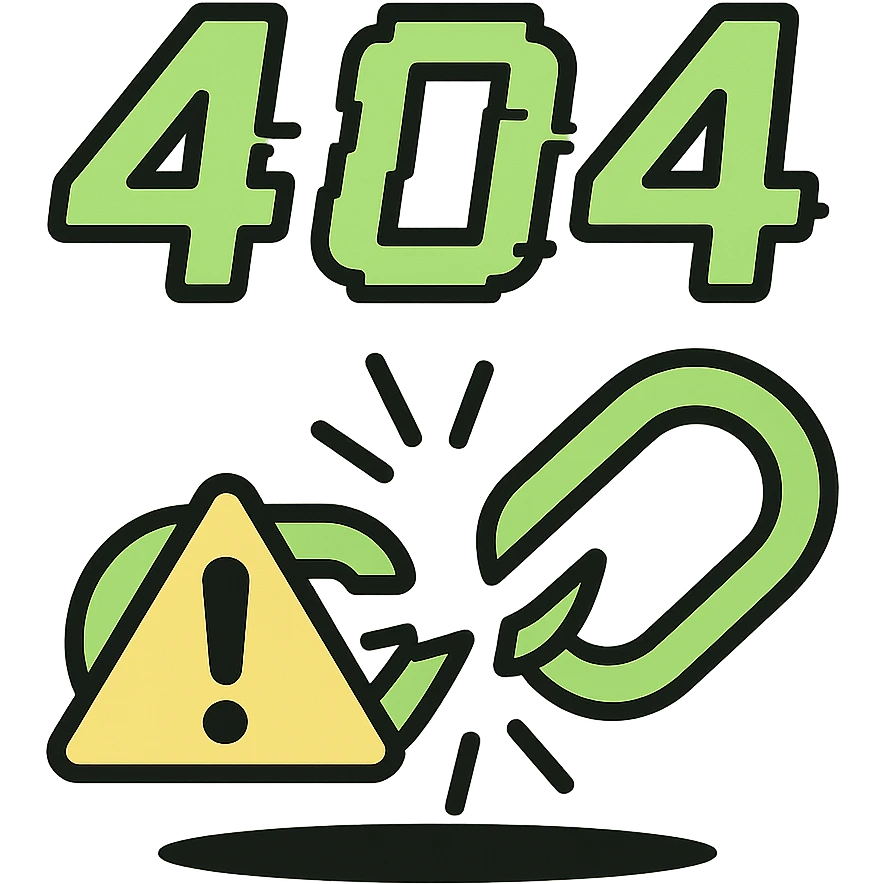 Edit the 404 icon in neon green and black in color outline icon style. Add a broken link symbol. Add a warning triangle. Make the numbers more glitchy. Add a shadow effect. emoji