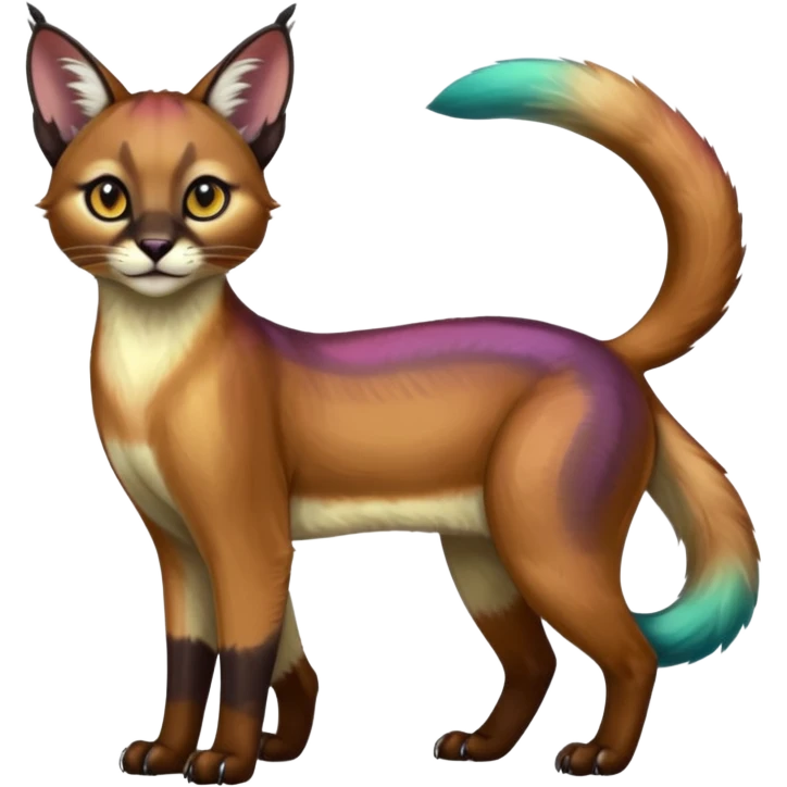 Colorful iridescent Asian painted anime-styled big-eyed shiny glorious divine marked exotic cool beautiful realistic caracal-civet-sergal-oncilla-animal-Fakémon-hybrid-fursona (full body) emoji