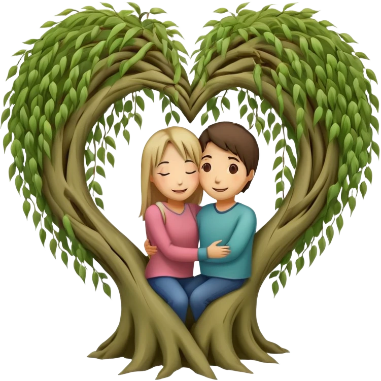 heart-shaped weeping willow tree with two people hugging inside the heart shape, with a small heart above them emoji