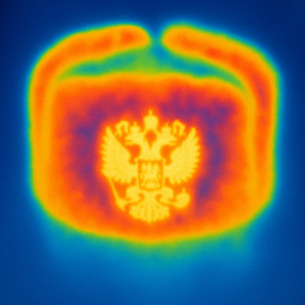 Russian hat ushank with the coat of arms of Russia, with background, thermal camera style emoji