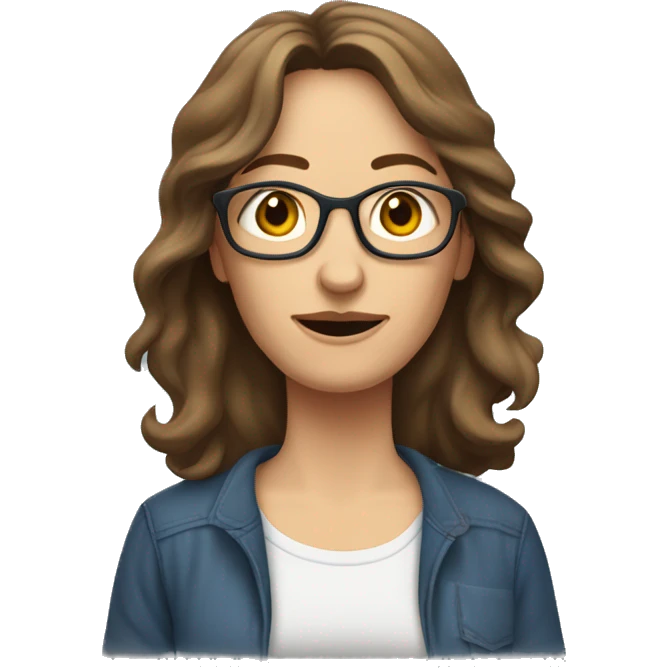 A middle-aged European woman, thin, with long, wavy brown hair. The woman has jeans and a loose T-shirt. She wears dark sneakers. emoji