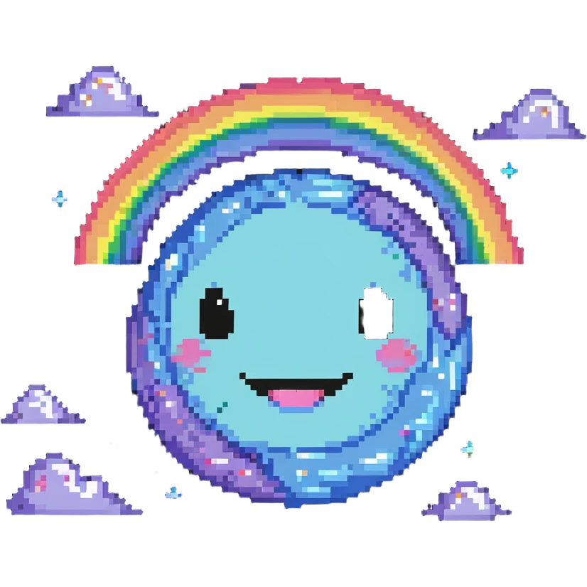 rainbow planet with colorful pixelated clouds and a happy winking face emoji