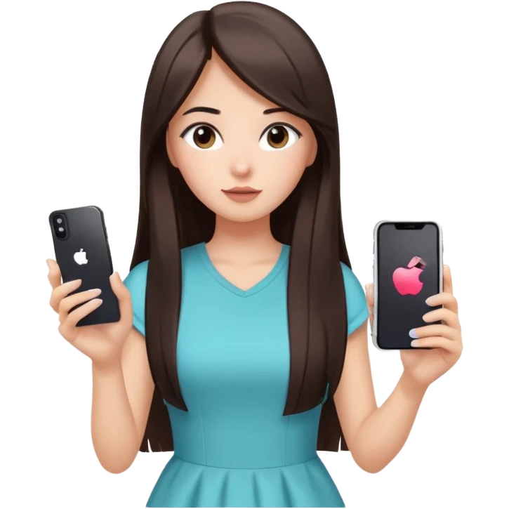 woman with long straight dark brown black hair holding an iPhone recording a TikTok video facing camera focused expression casual dress well lit indoor emoji