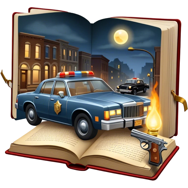Icon for Action & Crime Reading: an open book with dramatic crime scenes—bullet holes on pages, a detective badge, a revolver and a getaway car. Surrounding elements include a flickering streetlight. Transparent background. emoji