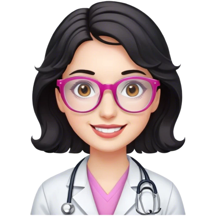 smiling doctor woman, brown eyes, white skin, long black wavy short hair with pink translucent glasses emoji