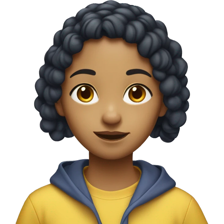 girl eating blueberries she has black hair and two braids. Her hair colour is black, but her texture of her hair is curly and wavy, and she looks south Asian, and she has light brown skin and she is wearing a yellow hoodie. emoji