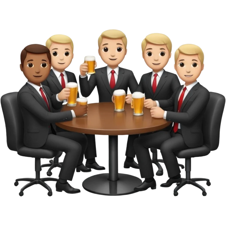 a business meeting of serious businessmen in suits at a round table, drinking beer. emoji