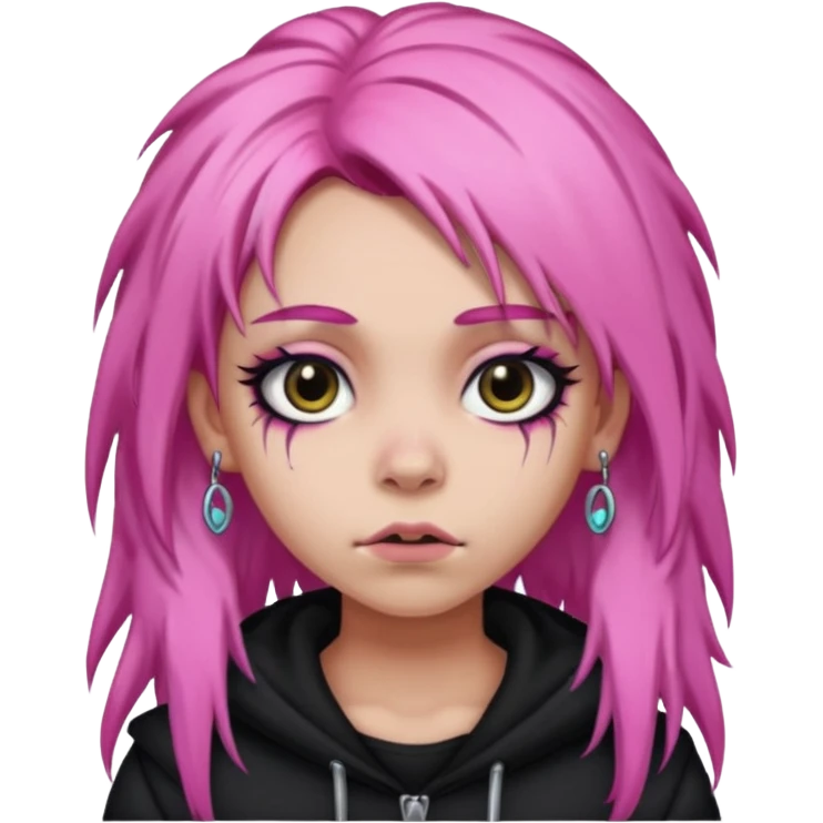 girl,lightsinvampire, pink hair, very longhair , shaggy, dark, spooky,double eyebrow dermal piercing, creepy expression emoji