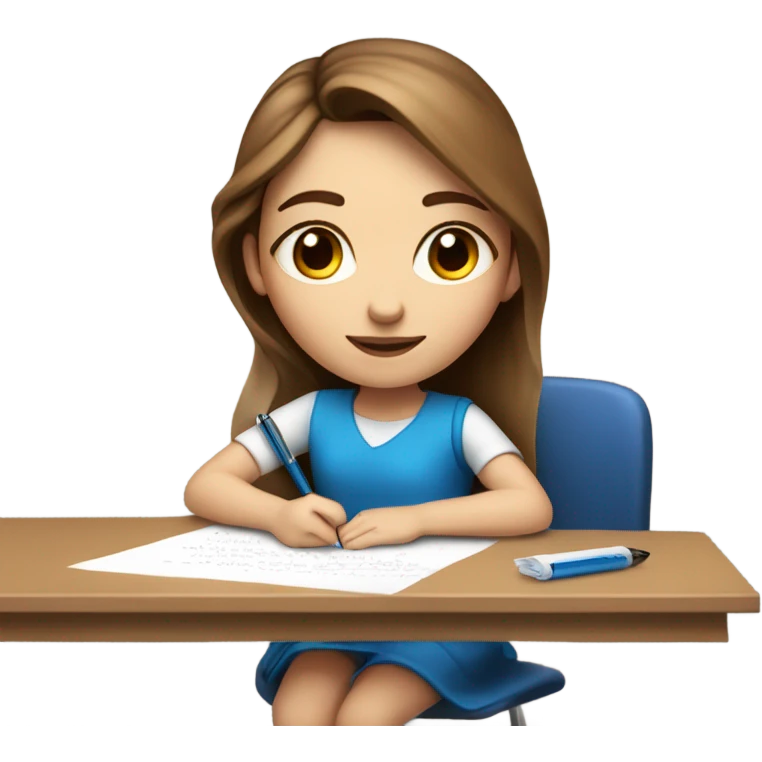 White Smart brown hair girl with blue eyes and light skin on a desk writing on a piece of paper  emoji