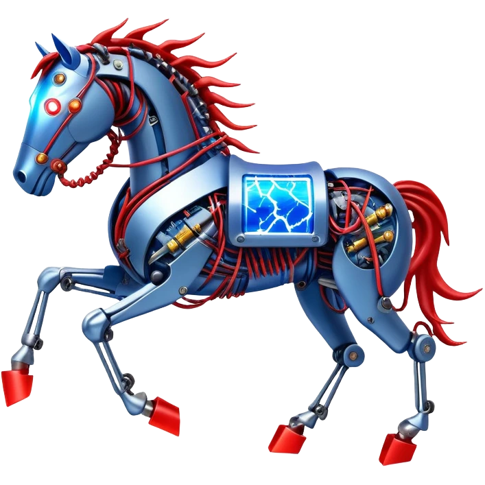 Fast running electric horse made of electricity, metal plates, bolts, blue and red wires, with lightning emanating from its body emoji
