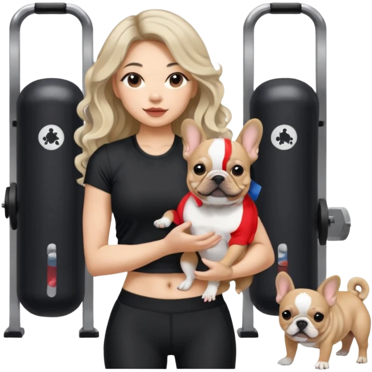 An Asian Lady With Long, Loose Curls, Ash Blonde Balayage Hair, In A Black Gym Outfit, Holding A French Bulldog emoji