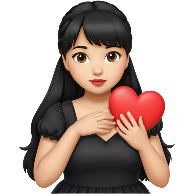 Latina girl with bangs black long hair in pony tail plus size black dress holding a heart emoji