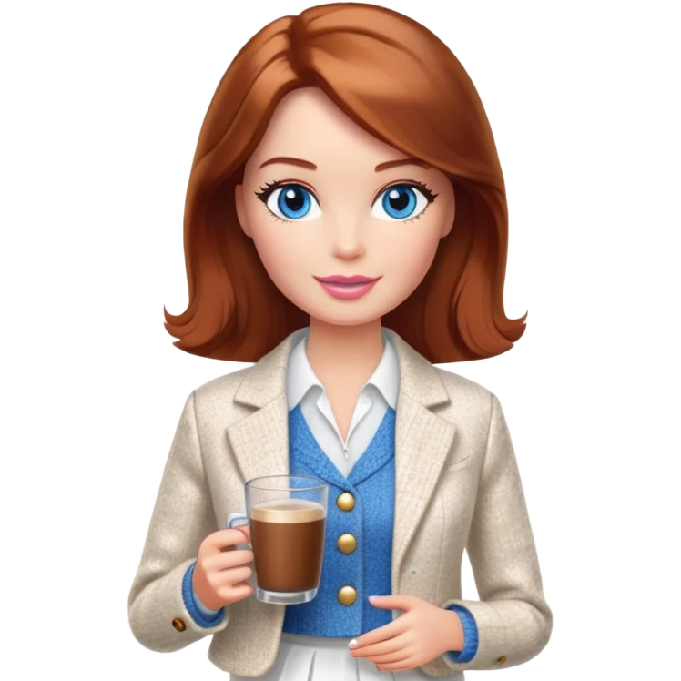 A Barbie girl with blue eyes, shoulder-length reddish-brown hair, made-up, wearing a white tweed jacket and a white skirt, with a glass of coffee in her hands emoji