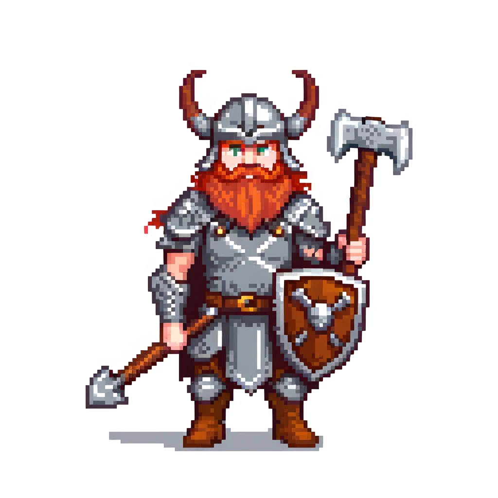 ginger viking warrior with red beard, horned helmet and metal armor, battle axe emoji