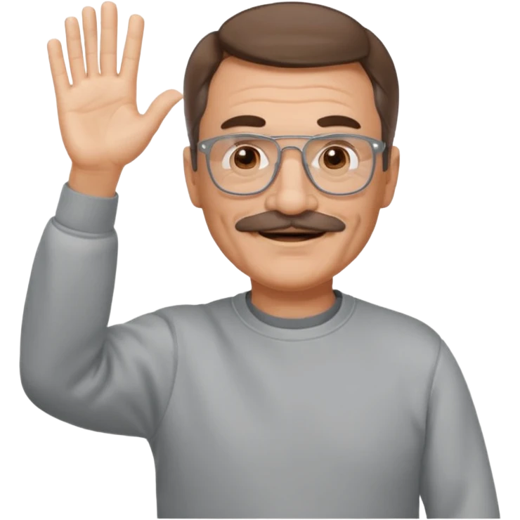 60 yr man partial brown hair parted in center, mustache, light glasses, sweatshirt waving hello emoji
