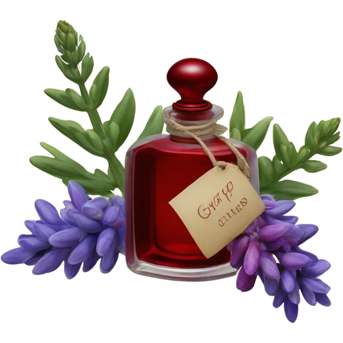 Dark red dreamy perfume bottle with red lupines and an old-fashioned letter seal emoji