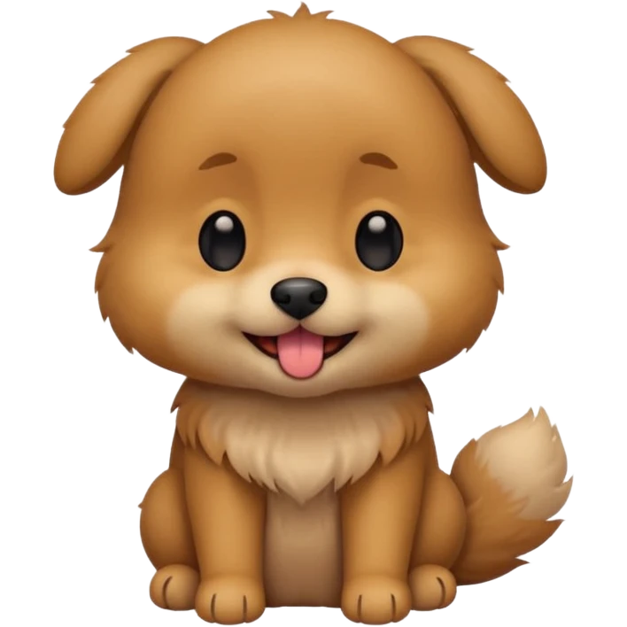 Cute small brown fluffy dog emoji icon. Round face, short muzzle, light brown fur with slightly darker ears, small black nose, happy smiling expression with tongue out. Soft friendly eyes, sitting pose with front paws together. Simple clean vector style, minimal details, kawaii style. emoji