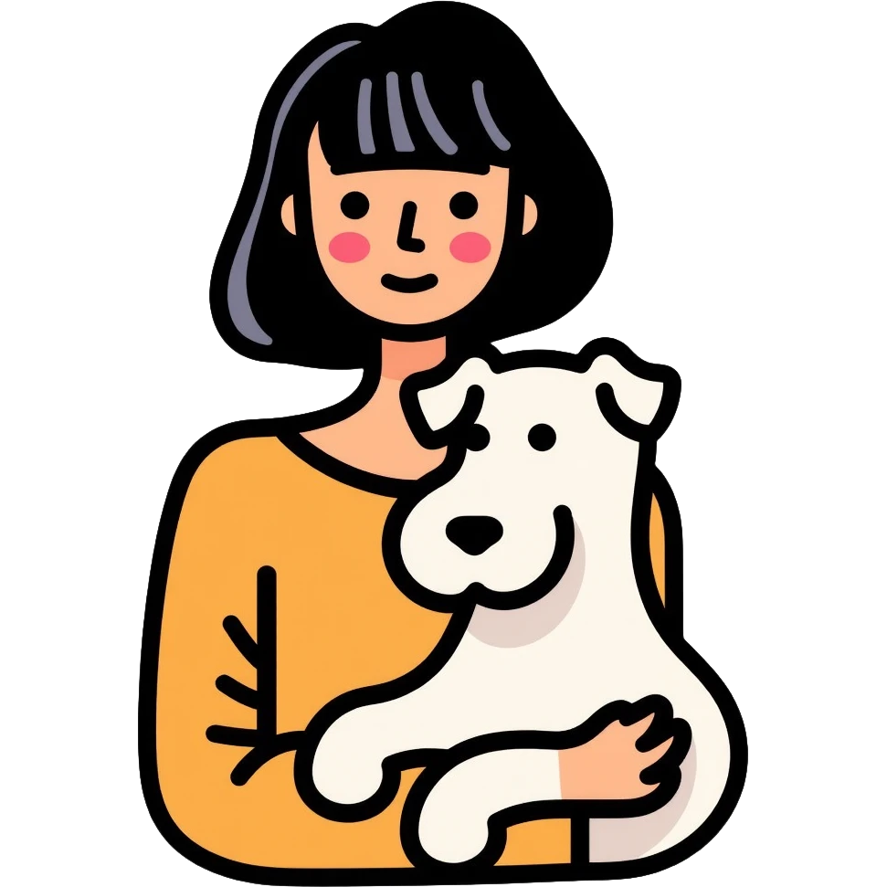 Black girl with short bangs holding a white schnauzer dog emoji