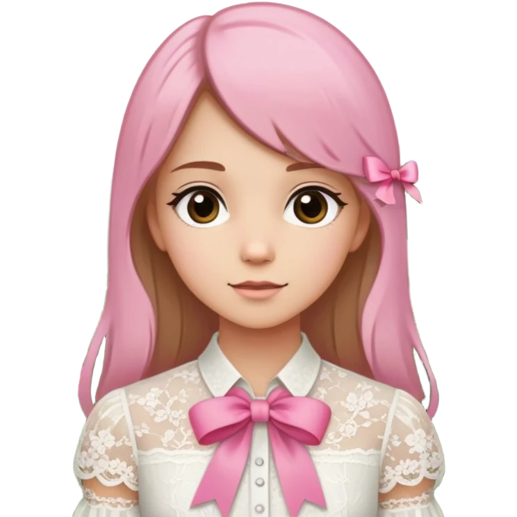  A girl with straight hair, a pink ribbon in her hair, and a white lace blouse, standing in a blooming garden. emoji