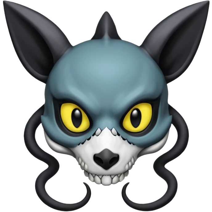 Gothic spooky Scaley Exotic Salandit-Umbreon-Noibat-Fakémon-hybrid-creature (full body), white skull face mask emoji
