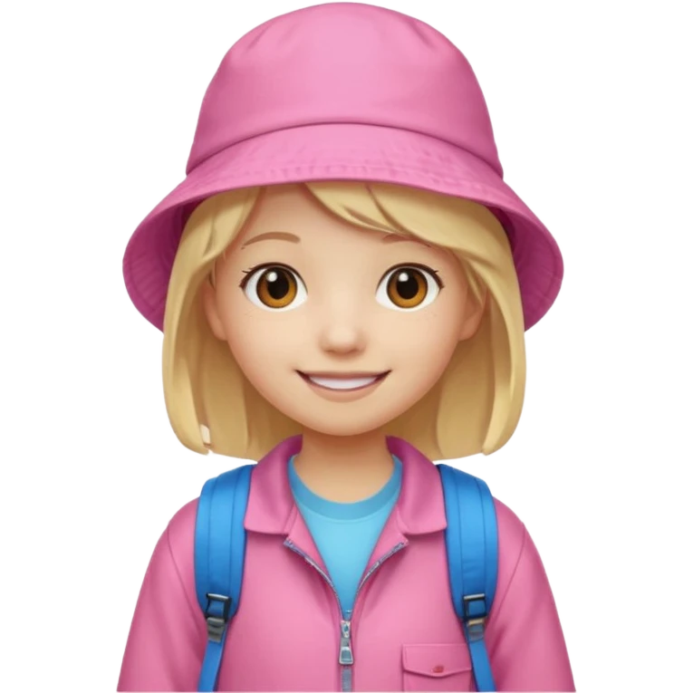 A student white skin, blonde hair, with pink bucket hat, orange jacket, blue backpack emoji