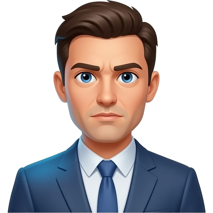 A informal man, glowing digital, communication, chat, a floating Facebook logo on the shoulder, looking at viewer with serious. Text on below: 'What's your topic, Ms. ?'. Shimmering cross and check icon, sharp edges emoji