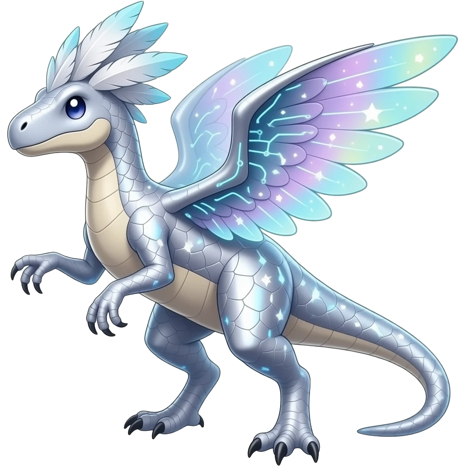 Shiny Futuristic Celestial Magical Ethereal Fakemon-HeadFeathers-Pokemon-Digimon-Spectrobes-Raptor-Dinosaur-fusion, full body emoji