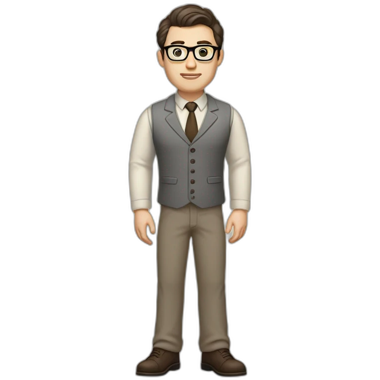 Full height Pale skinned Fit Man With dark brown hair in gray jacket, vest, tie, beige office shirt, Brown pants and vintage glasses. Thrumbs of his palms directed up emoji