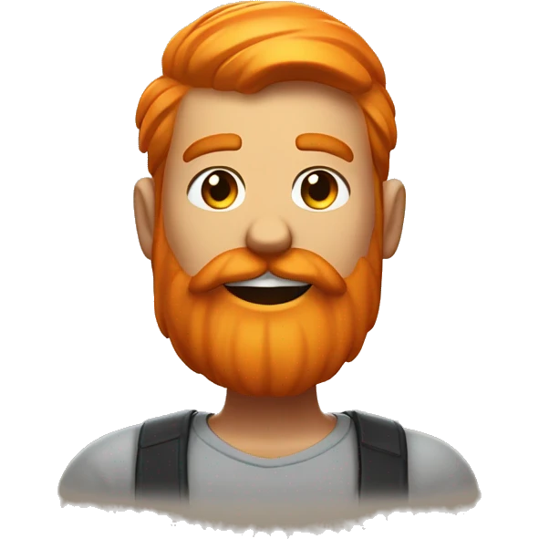 The character has smug expression with a slight smirk. thick, bright orange beard and matching orange hair. The beard is neatly shaped and quite prominent. emoji