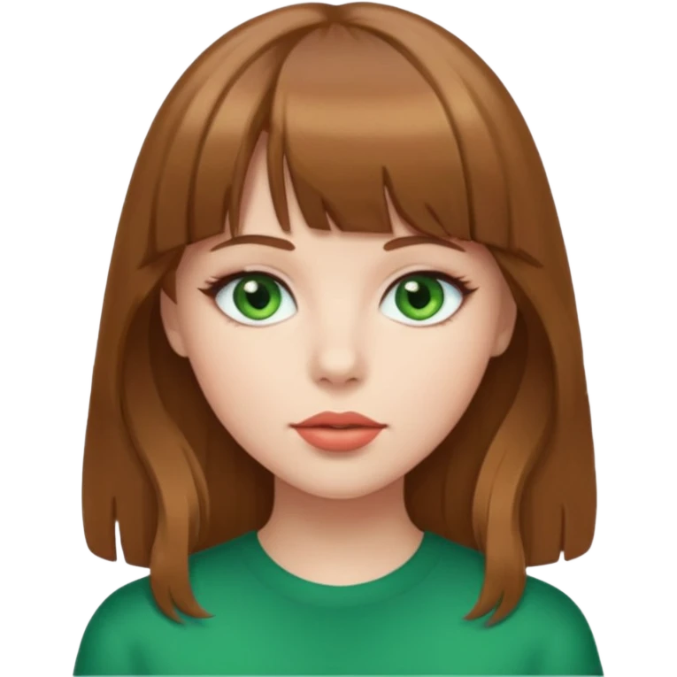 Chica de pelo castaño claro y flequillo, ojos verdes, boca grande,  emoji