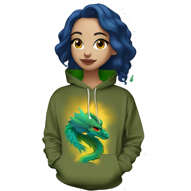 420 Lady with brunette and iridescent blue hair, hemp, gold, green dragon wings, maroon hoodie, 420, black and gold Nike t shirt, and bright red eyes emoji