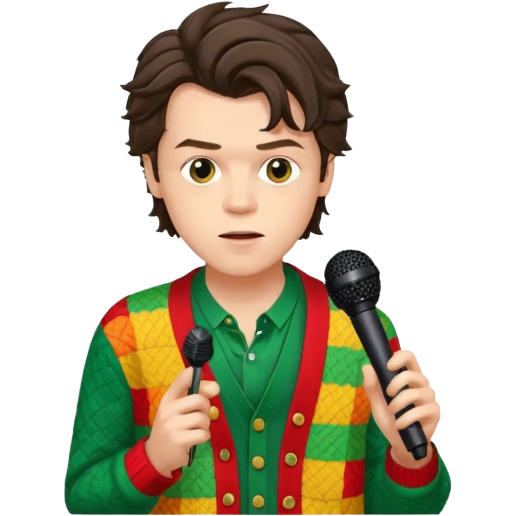 harry styles with a mic, he is wearing a patchwork colorful (red, yellow,green) cardigan emoji