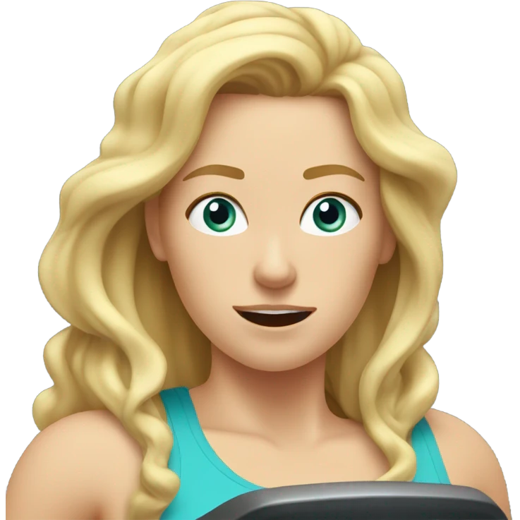 White woman, long hair, blonde hair, wavy hair, treadmill, sweating emoji