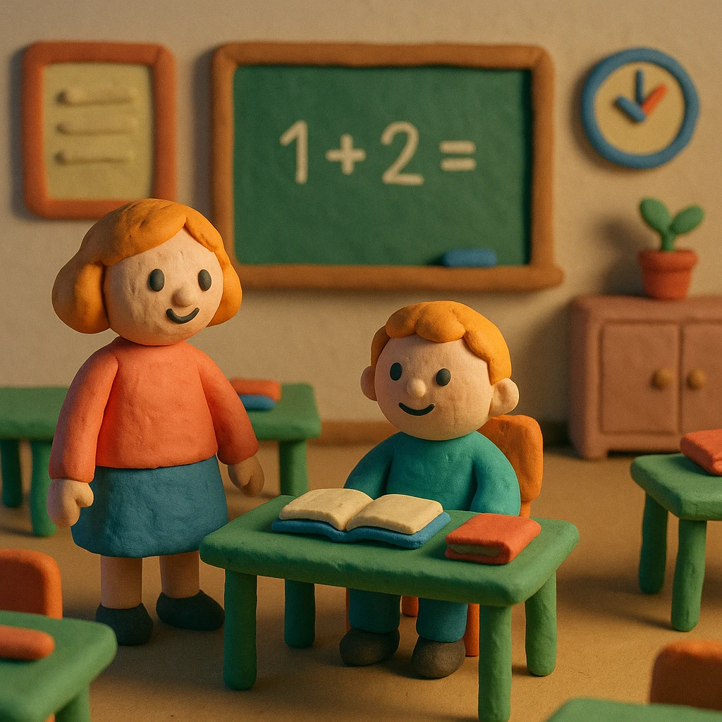claymation style cozy classroom with pastel colors and friendly details emoji