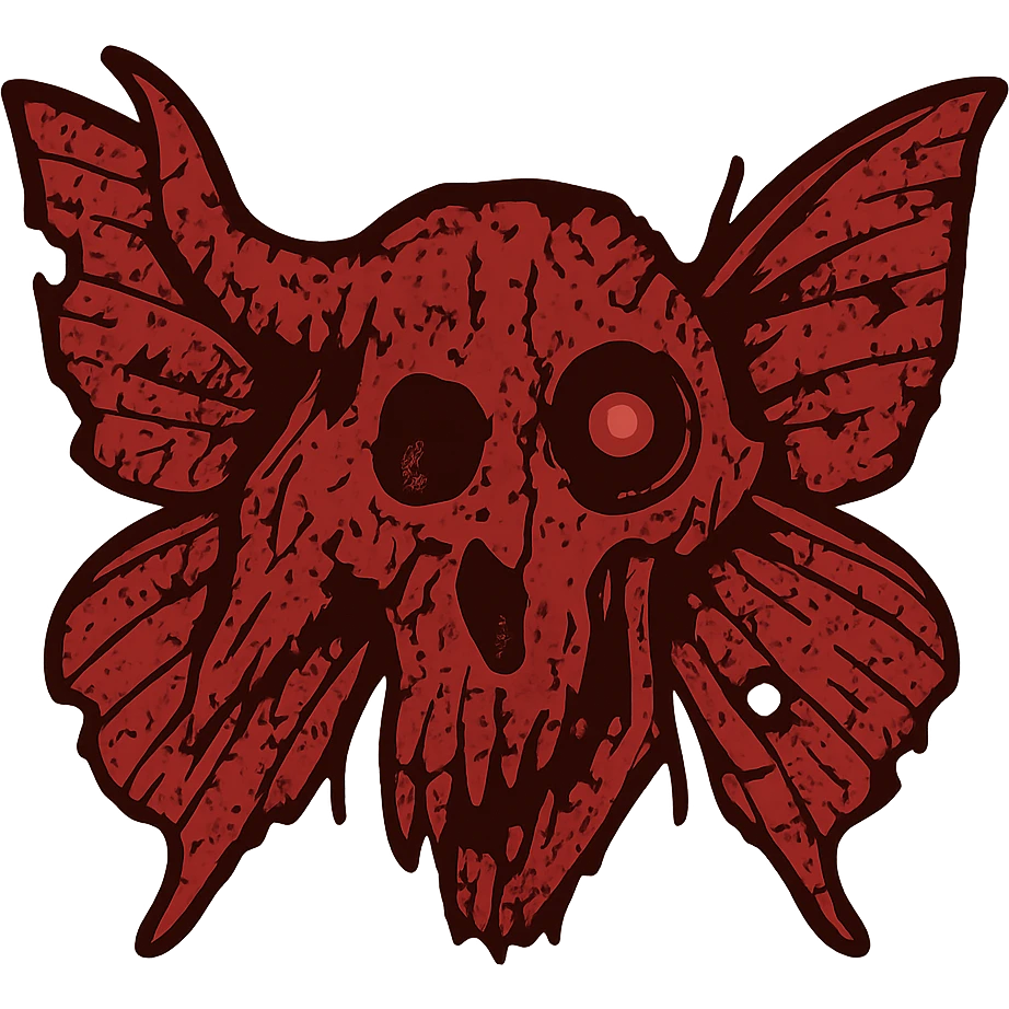 highly detailed but heavily weathered red horror icon of distorted minotaur-stoat skull fusion with broken horn and glowing eye, intricate moth wings, severely damaged with extensive scratches, torn sections, and partial deterioration, twisted and asymmetrical features, detailed bone texture where visible, some transparent areas but much more line detail, nightmarish and ancient appearance, 100% red emoji
