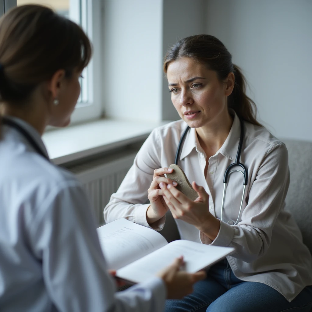 woman consulting doctor showing orthopedic insole, expression of pain, realistic style, medical environment emoji