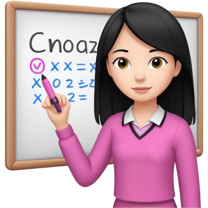 a girl with black straight like hair wearing pink not hot pink 2 piece set teaching up on a board emoji