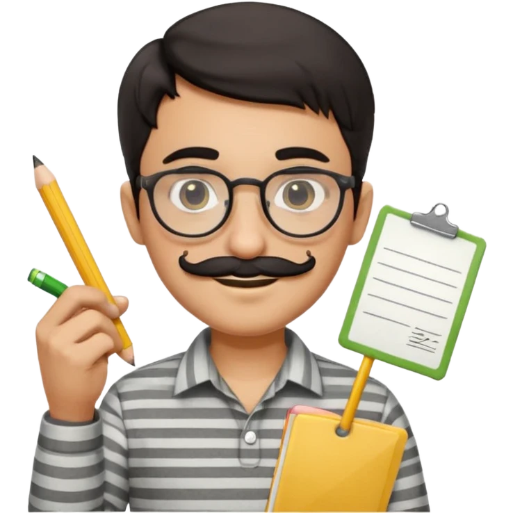 young Pakistani shopkeeper, short dark hair, round glasses, thick black mustache, smiling, light grey striped shirt, holding a handwritten receipt, yellow pencil behind ear, cartoonish, clean, rounded, friendly, no background, Apple emoji style emoji