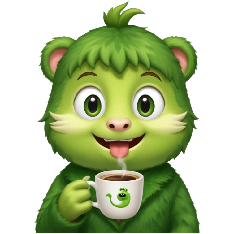 Cut the Rope's Om Nome in barista's suite with a cup of cofee emoji