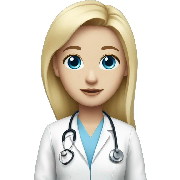 Blonde doctor with blue eyes, light skin, wearing baby blue scrubs and doctor white coat emoji