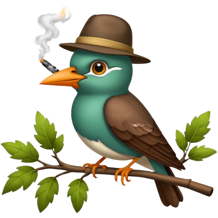 Кукушка с колпаком на голове курит на ветке emoji
