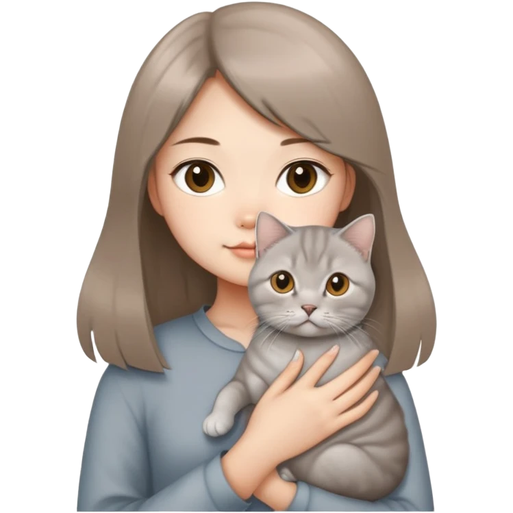 Chinese girl with light brown half long hair holding a British shorthair silver cat emoji
