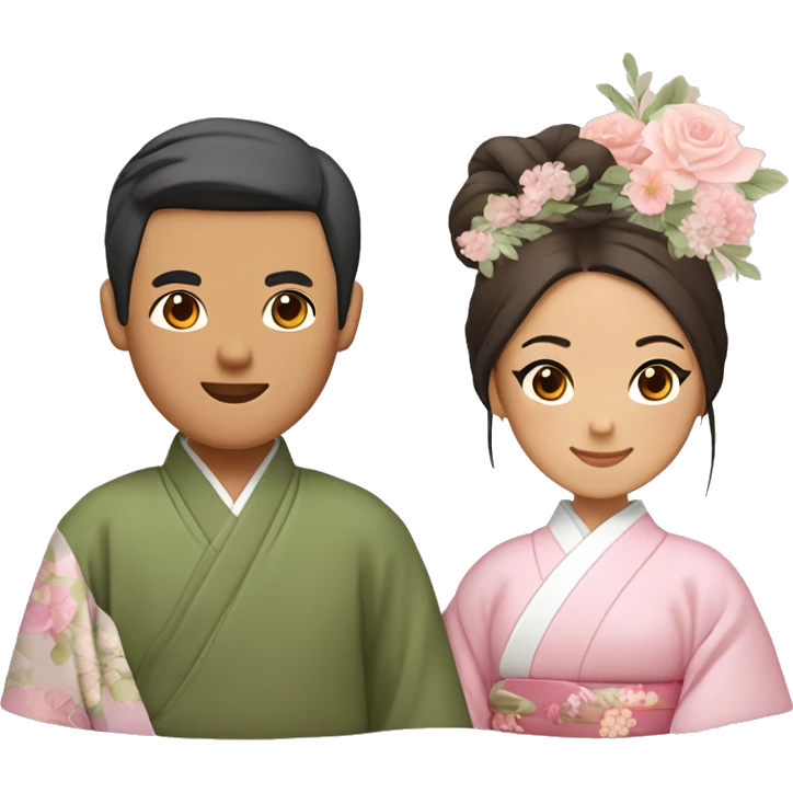 asian couple - man with center split slightly wavy hair wearing plain kimono with olive green inside and brown outside, woman with a low bun and flowers in her hair wearing light pink kimono with pastel florals of different colors emoji