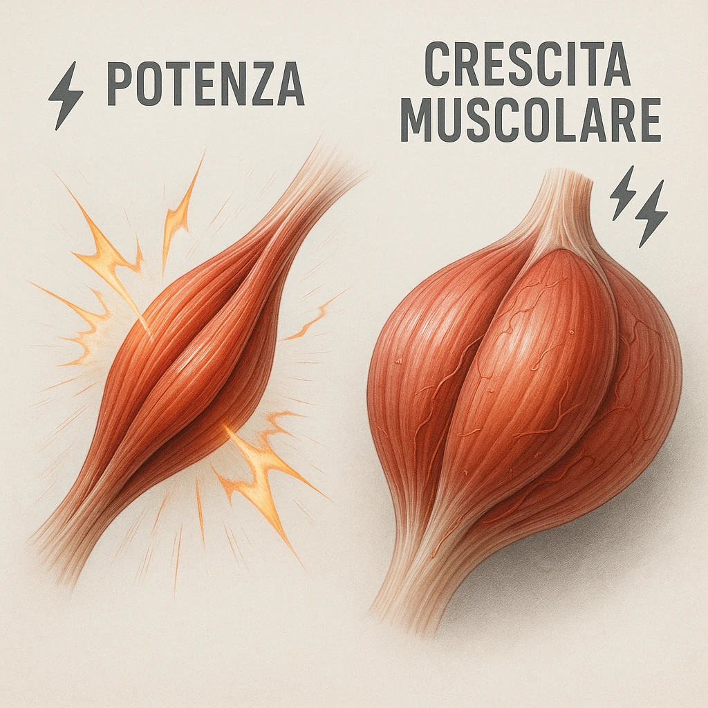 hyper realistic image of fast contracting muscle fibers, expanded hypertrophic structure, Italian text 'potenza', 'crescita muscolare', energy symbols, anatomical details, clinical atmosphere, neutral background emoji