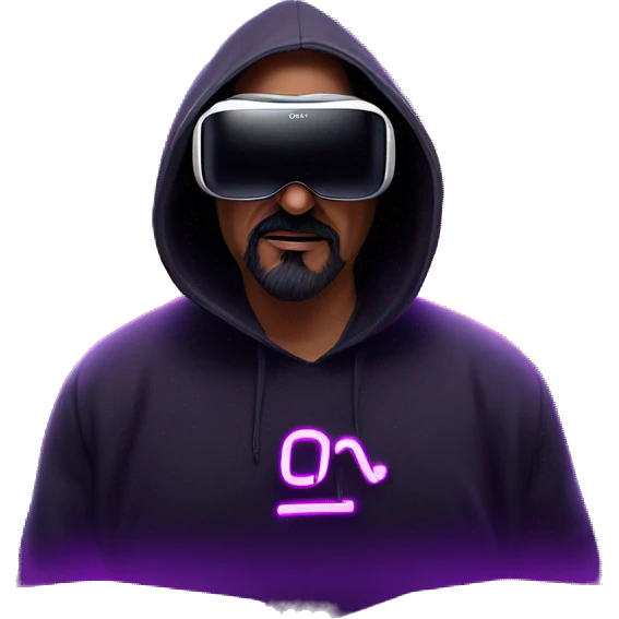 Big Lebowski wearing a black hoodie with "OMG" letters on it and VR headset oculus quest 2 in a cyberpunk VR environment with violet neon lighting. emoji